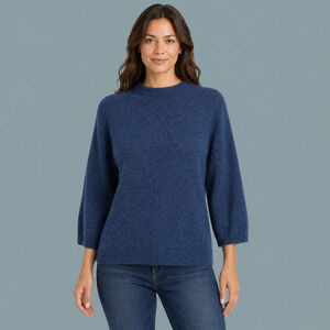 Talbots Size Medium M Blue High Neck 3/4 Sleeve 100% Cashmere Pullover Sweater